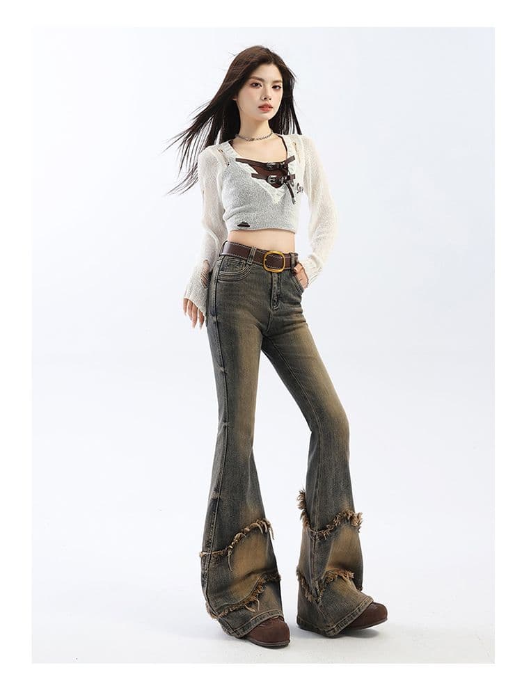 유럽 상품 핫걸 마이크로 나팔 청바지 여성 2026 이른 가을 새로운 술 거친 가장자리 패치워크 워크웨어 호스 슈 바지 상세 이미지 14