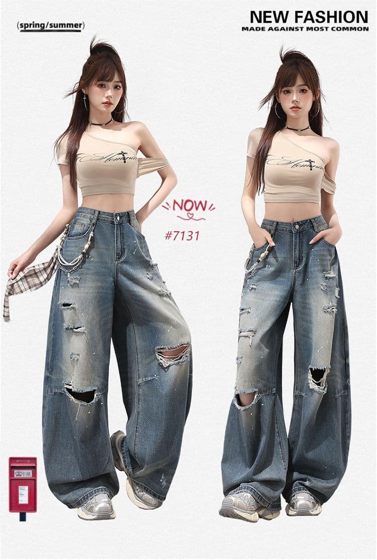 2026 아메리칸 핫걸 거리 바람 찢어진 부분 마 오래된 청바지 여성 가을 새로운 루즈핏 징 넓은 다리 바닥 청소 바지 트렌디 상세 이미지 1