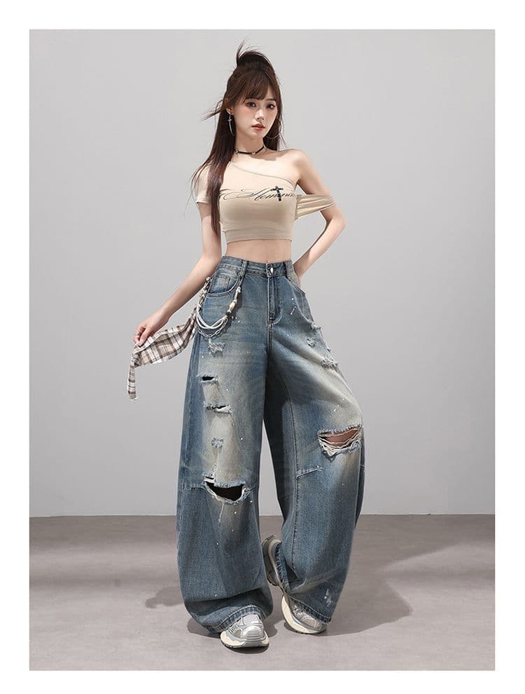 2026 아메리칸 핫걸 거리 바람 찢어진 부분 마 오래된 청바지 여성 가을 새로운 루즈핏 징 넓은 다리 바닥 청소 바지 트렌디 상세 이미지 10