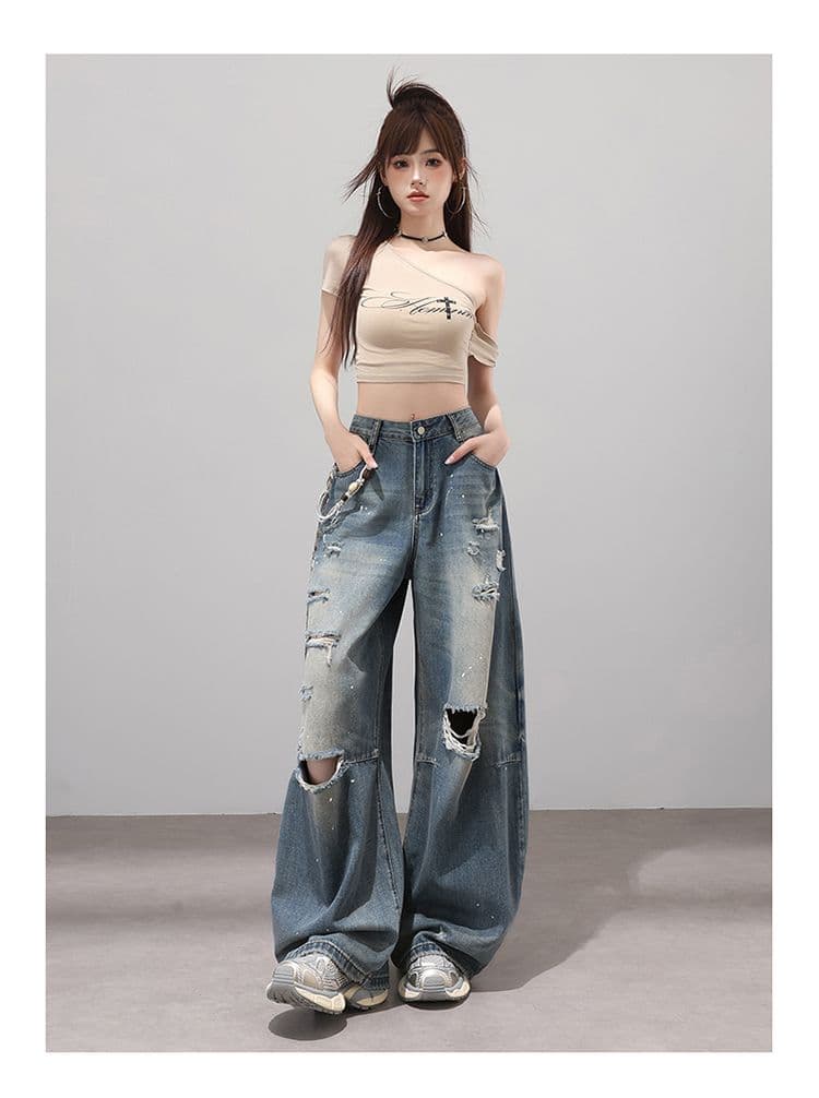 2026 아메리칸 핫걸 거리 바람 찢어진 부분 마 오래된 청바지 여성 가을 새로운 루즈핏 징 넓은 다리 바닥 청소 바지 트렌디 상세 이미지 12