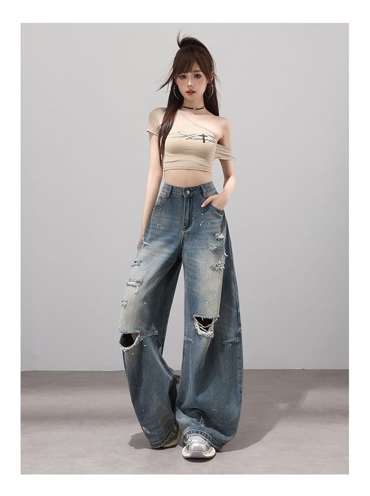 2026 아메리칸 핫걸 거리 바람 찢어진 부분 마 오래된 청바지 여성 가을 새로운 루즈핏 징 넓은 다리 바닥 청소 바지 트렌디 상세 이미지 16