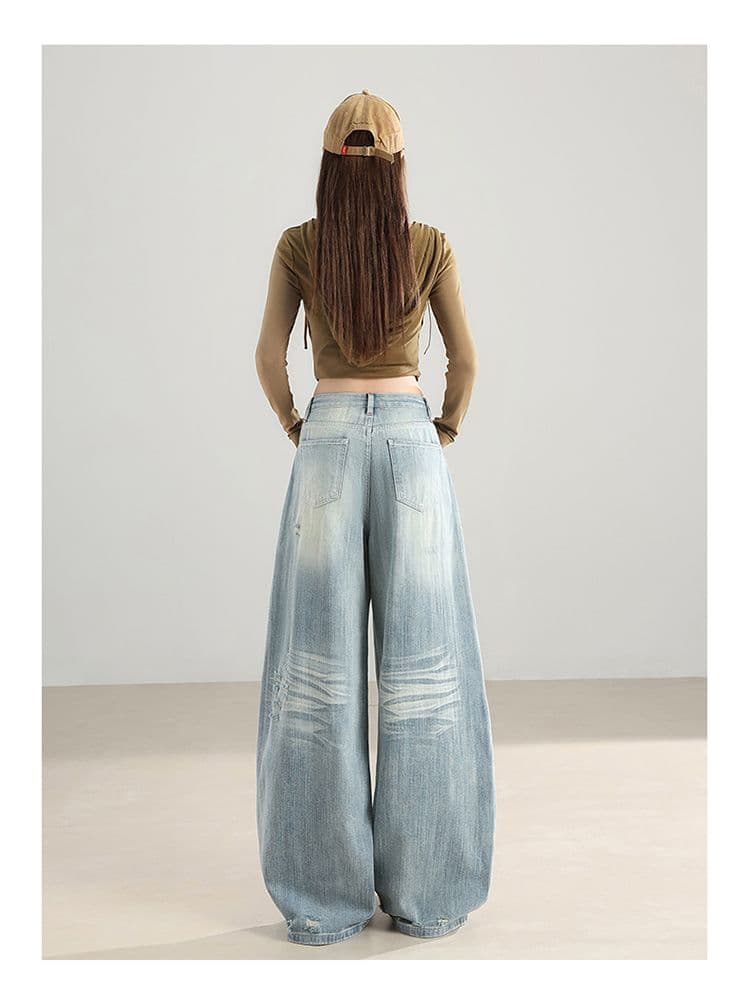 레트로 워싱 연삭 화이트 찢어진 부분 넓은 다리 청바지 여성 루즈핏 바닥 청소 바지 아메리칸 높음 거리 바람 캐주얼 모통이 칼 바지 상세 이미지 15
