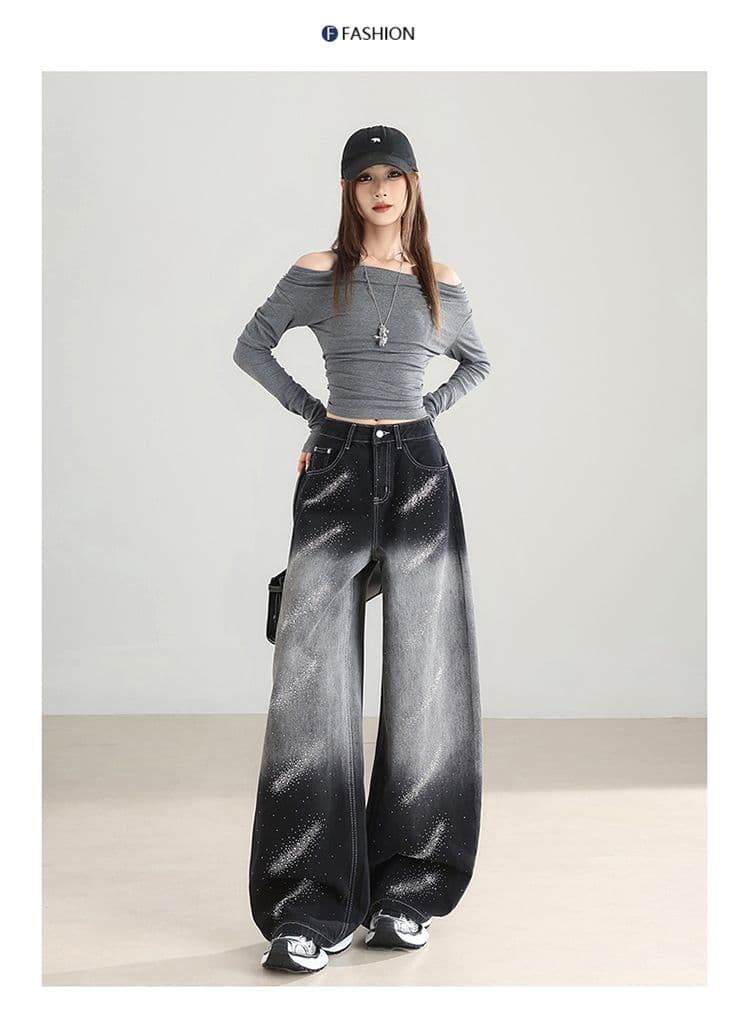 블랙 회색 디자인 센스 빛나는 핫픽스 넓은 다리 청바지 여성 이른 가을 2026 새로운 작은 키 하이웨이스트 스트레이트 상세 이미지 8