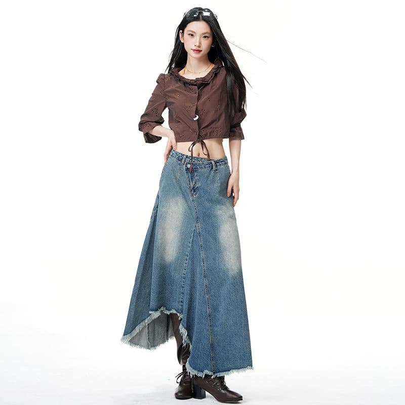 아메리칸 레트로 불규칙 디자인 센스 데님 반신 스커트 여성 새로운 마 오래된 한 마디 롱 스커트 이미지 2