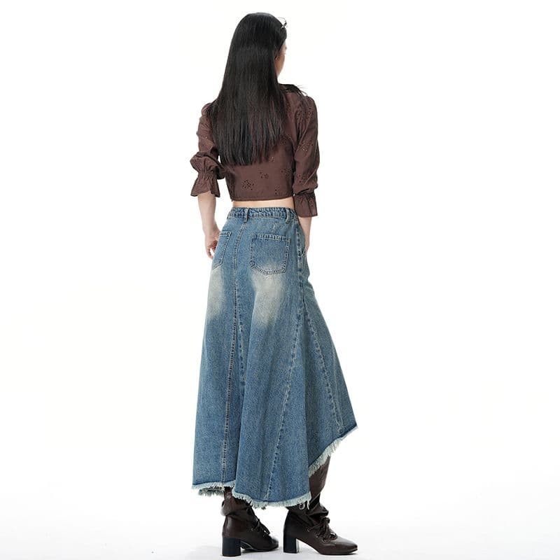 아메리칸 레트로 불규칙 디자인 센스 데님 반신 스커트 여성 새로운 마 오래된 한 마디 롱 스커트 이미지 4