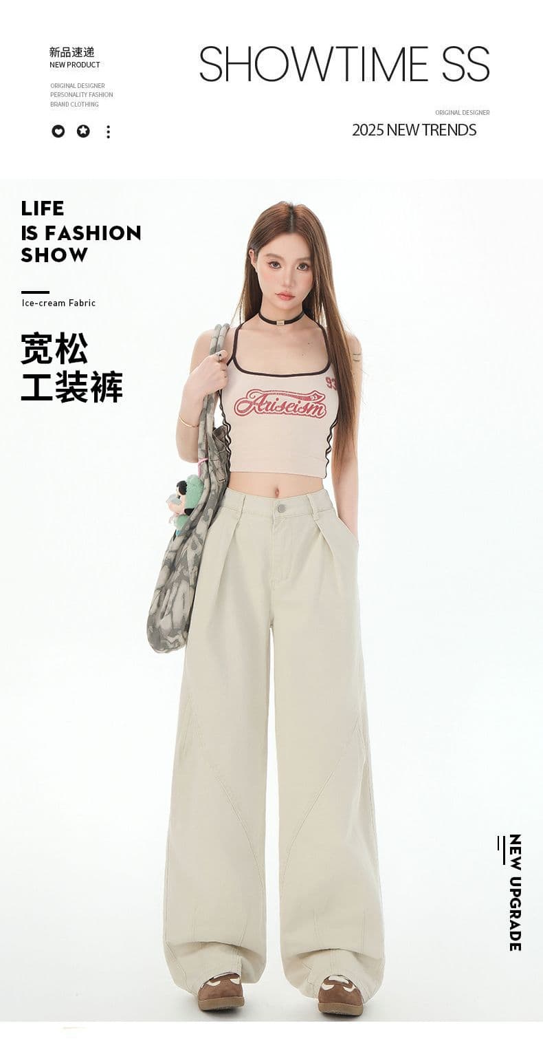 아메리칸 화이트 모통이 칼 바지 아이들 여름 착용 가져 가라. 일본식 워크웨어 루즈핏 스트레이트 넓은 다리 캐주얼 바지 상세 이미지 1