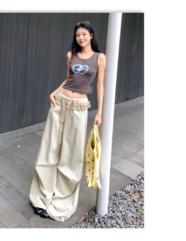 아메리칸 레트로 레이스 패치워크 디자인 주름 루즈핏 넓은 다리 캐주얼 바지 여성 상세 이미지 10