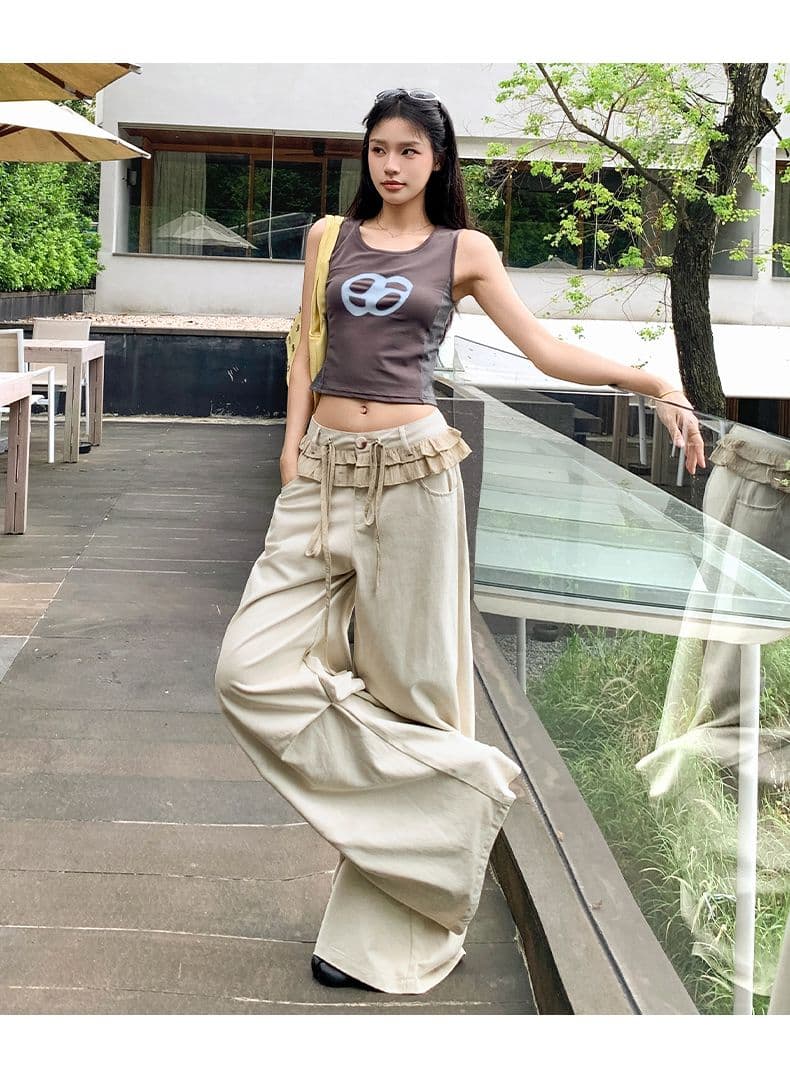 아메리칸 레트로 레이스 패치워크 디자인 주름 루즈핏 넓은 다리 캐주얼 바지 여성 상세 이미지 11
