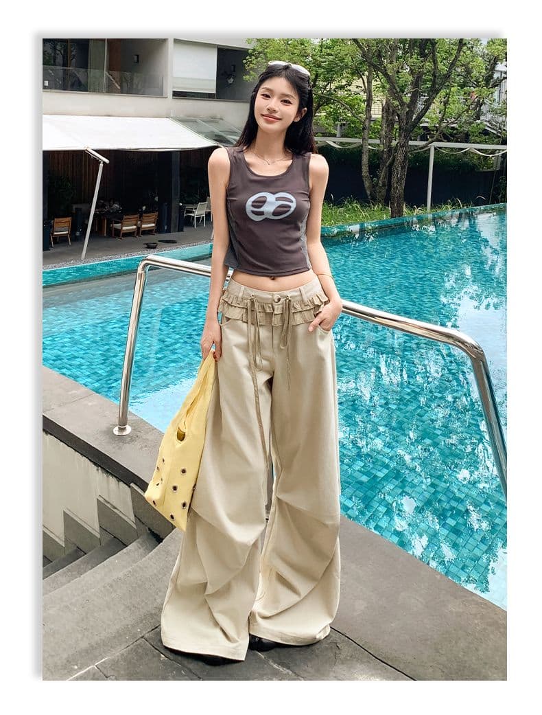 아메리칸 레트로 레이스 패치워크 디자인 주름 루즈핏 넓은 다리 캐주얼 바지 여성 상세 이미지 12