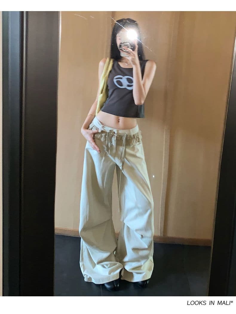아메리칸 레트로 레이스 패치워크 디자인 주름 루즈핏 넓은 다리 캐주얼 바지 여성 상세 이미지 17