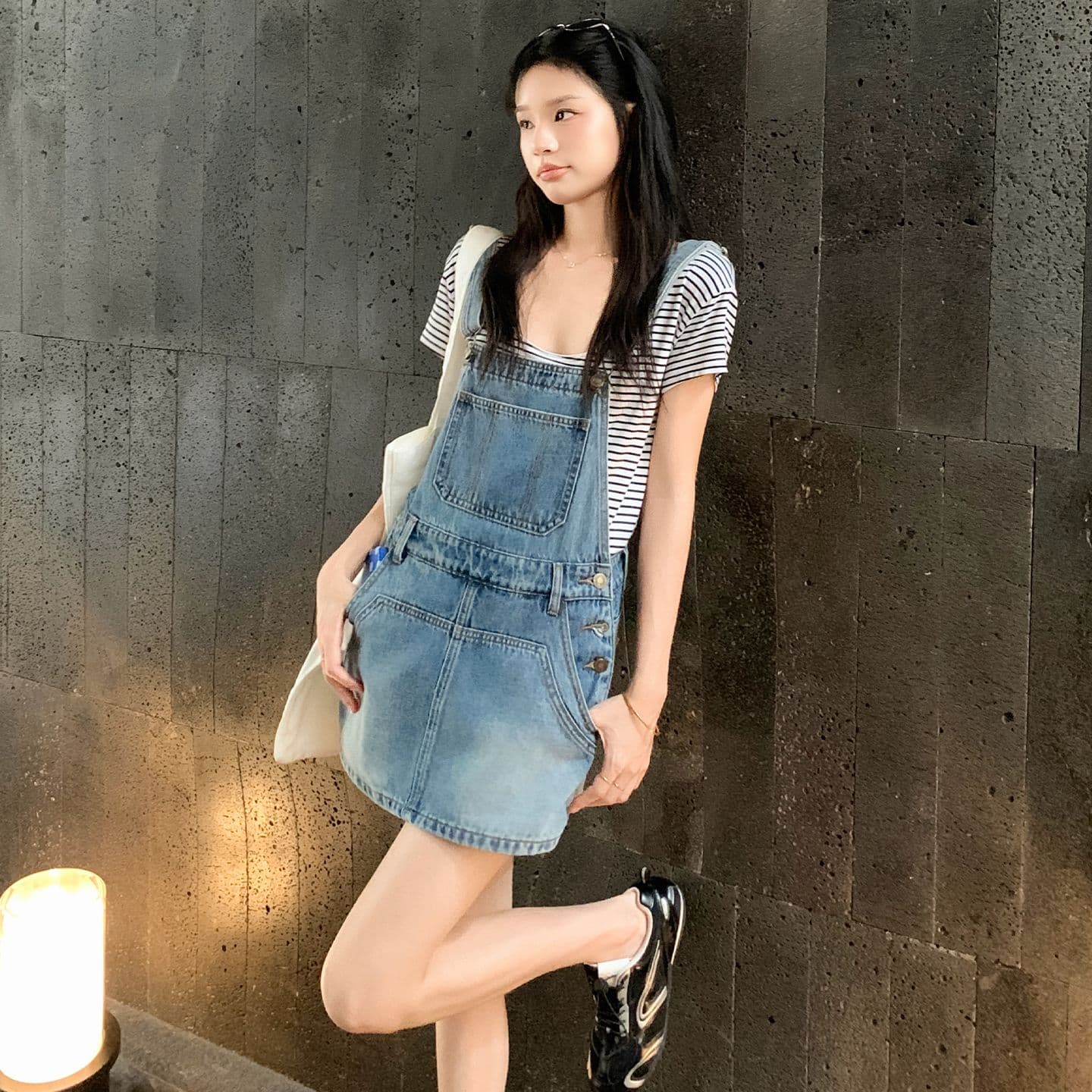 아메리칸 레트로 외국 가스 연령 감소 국방 퇴색하다 루즈핏 데님 멜빵 반바지 여성 이미지 3