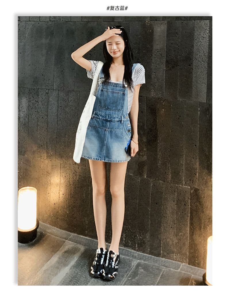 아메리칸 레트로 외국 가스 연령 감소 국방 퇴색하다 루즈핏 데님 멜빵 반바지 여성 상세 이미지 7