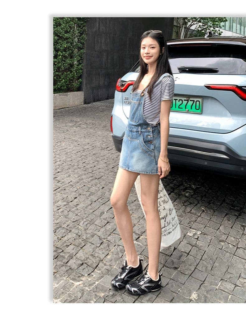 아메리칸 레트로 외국 가스 연령 감소 국방 퇴색하다 루즈핏 데님 멜빵 반바지 여성 상세 이미지 9