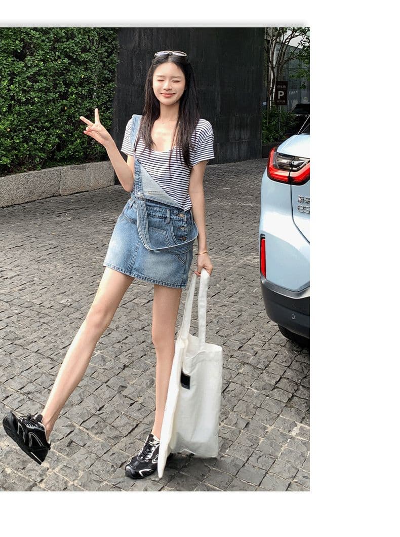 아메리칸 레트로 외국 가스 연령 감소 국방 퇴색하다 루즈핏 데님 멜빵 반바지 여성 상세 이미지 10