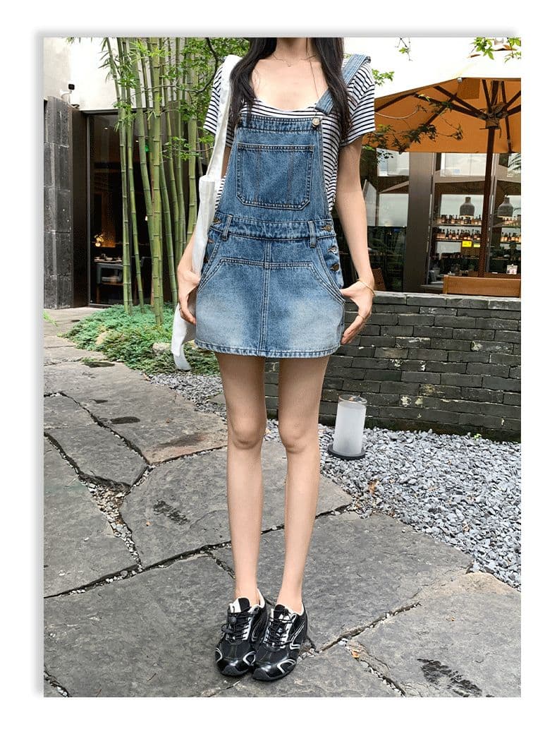 아메리칸 레트로 외국 가스 연령 감소 국방 퇴색하다 루즈핏 데님 멜빵 반바지 여성 상세 이미지 13