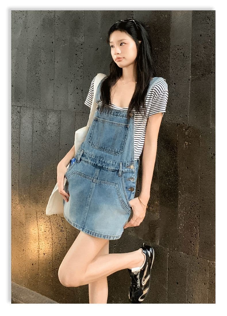 아메리칸 레트로 외국 가스 연령 감소 국방 퇴색하다 루즈핏 데님 멜빵 반바지 여성 상세 이미지 18