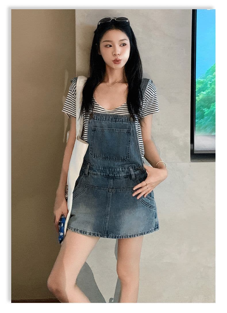 아메리칸 레트로 외국 가스 연령 감소 국방 퇴색하다 루즈핏 데님 멜빵 반바지 여성 상세 이미지 19