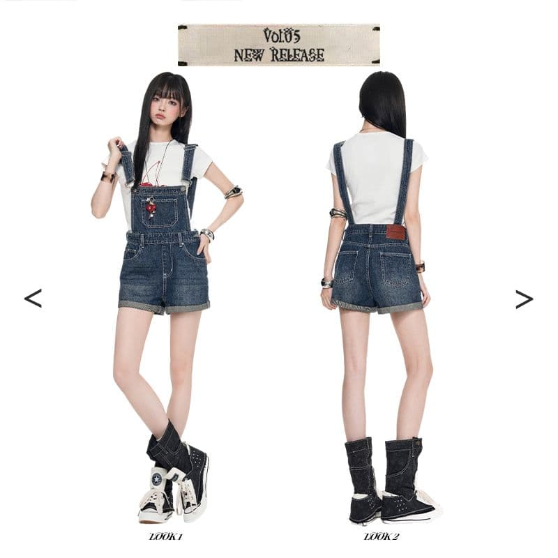 아메리칸 레트로 외국 가스 연령 감소 뒤집다 측면 데님 멜빵 반바지 여성 상세 이미지 2