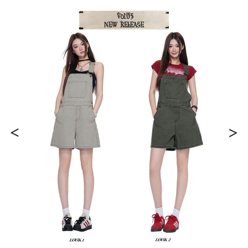 아메리칸 레트로 외국 가스 연령 감소 루즈핏 데님 멜빵 반바지 여성 상세 이미지 2