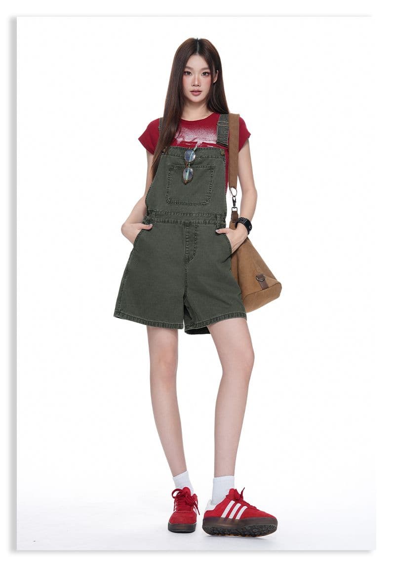 아메리칸 레트로 외국 가스 연령 감소 루즈핏 데님 멜빵 반바지 여성 상세 이미지 8