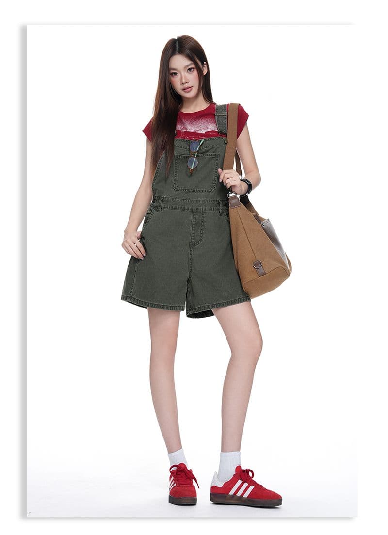 아메리칸 레트로 외국 가스 연령 감소 루즈핏 데님 멜빵 반바지 여성 상세 이미지 11