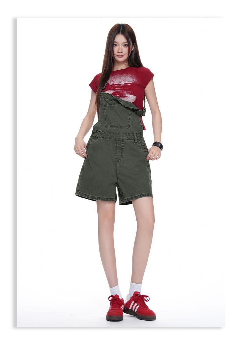 아메리칸 레트로 외국 가스 연령 감소 루즈핏 데님 멜빵 반바지 여성 상세 이미지 15