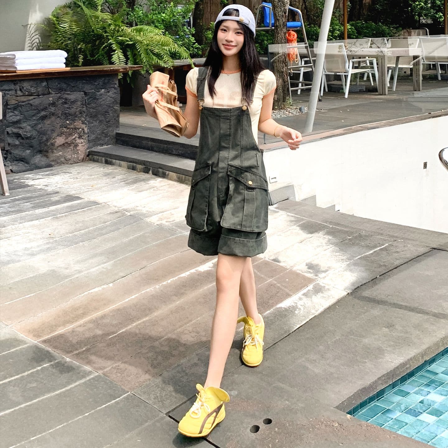 아메리칸 레트로 느긋한 바람 루즈핏 연령 감소 워크웨어 멜빵 데님 반바지 여성 이미지 2