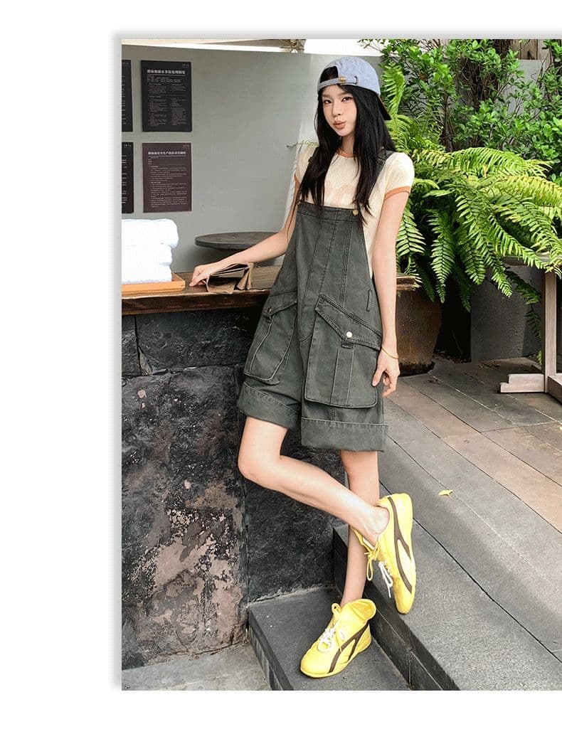 아메리칸 레트로 느긋한 바람 루즈핏 연령 감소 워크웨어 멜빵 데님 반바지 여성 상세 이미지 9