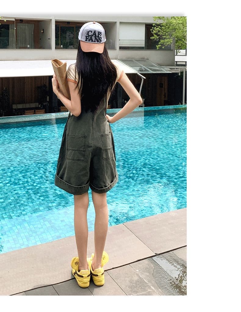 아메리칸 레트로 느긋한 바람 루즈핏 연령 감소 워크웨어 멜빵 데님 반바지 여성 상세 이미지 10