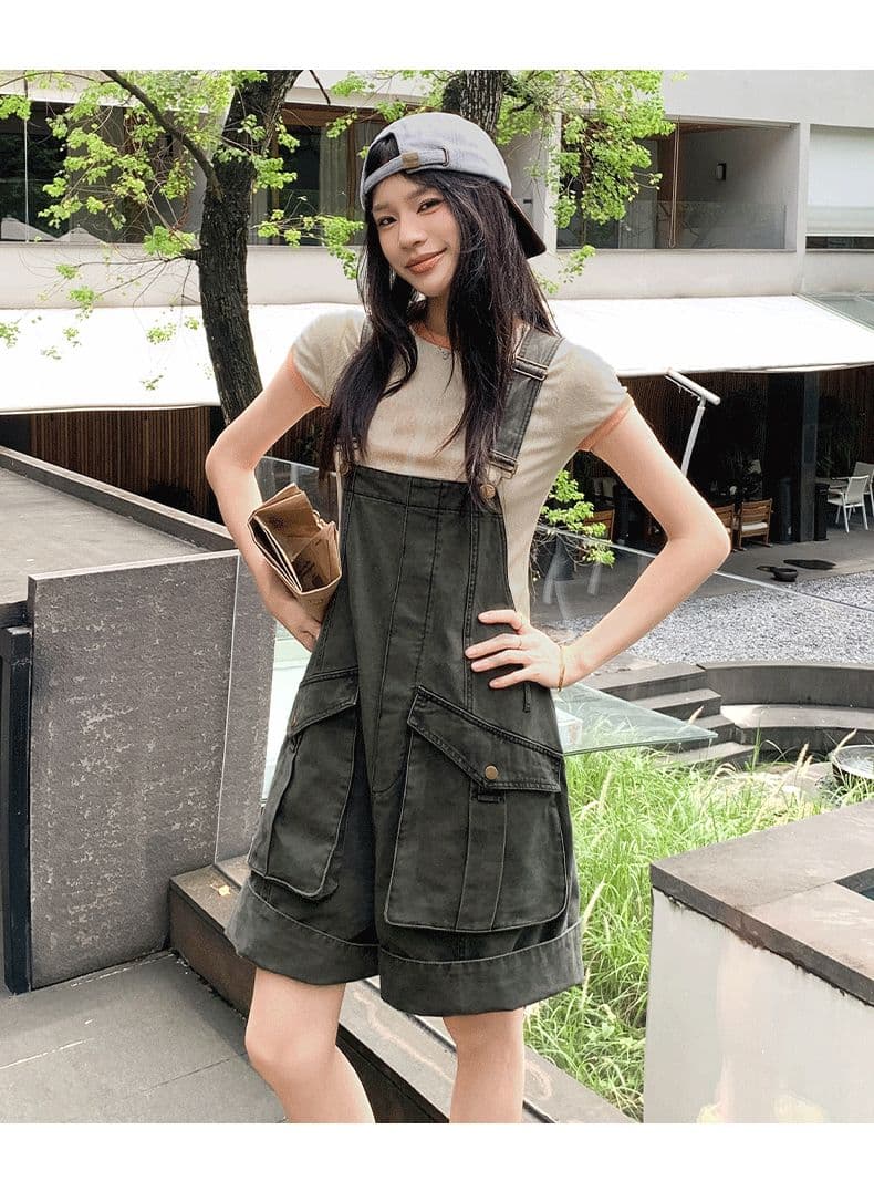 아메리칸 레트로 느긋한 바람 루즈핏 연령 감소 워크웨어 멜빵 데님 반바지 여성 상세 이미지 11