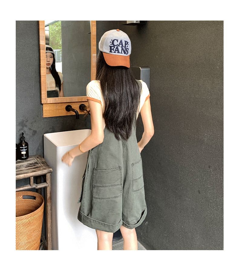 아메리칸 레트로 느긋한 바람 루즈핏 연령 감소 워크웨어 멜빵 데님 반바지 여성 상세 이미지 16
