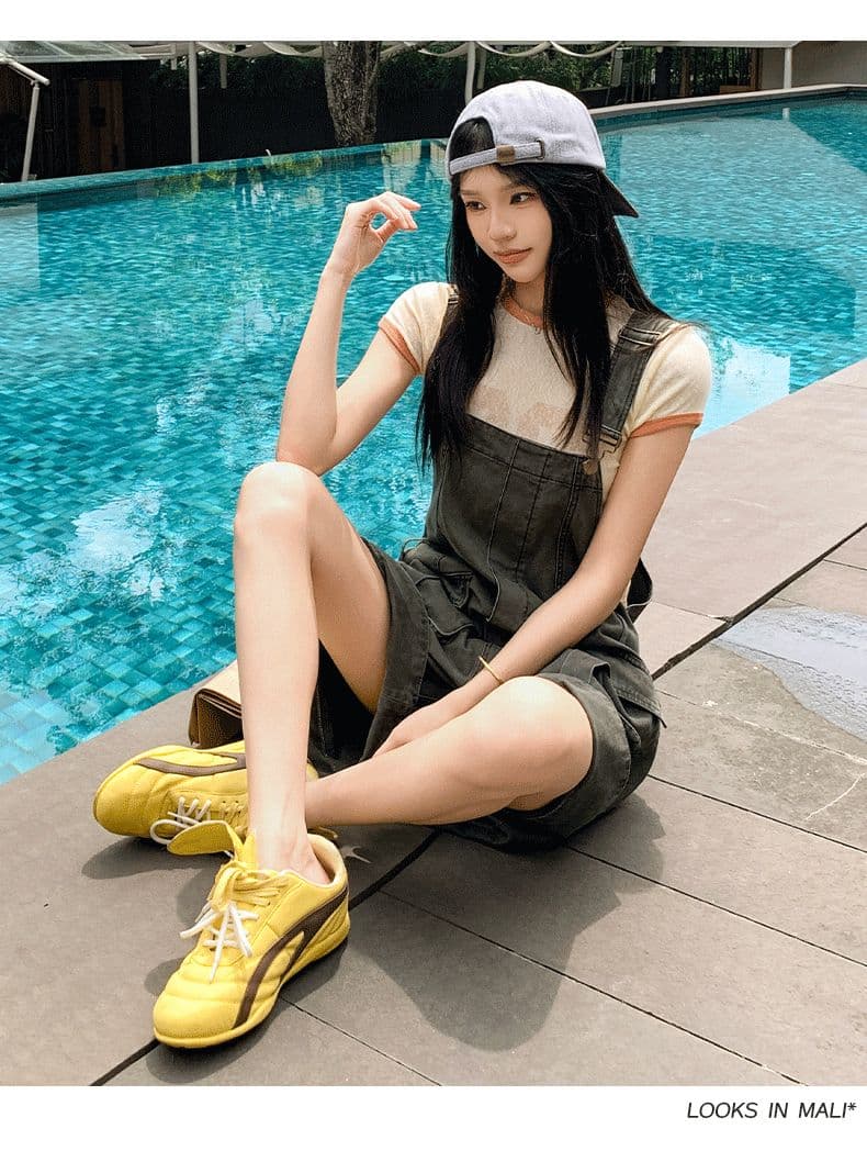 아메리칸 레트로 느긋한 바람 루즈핏 연령 감소 워크웨어 멜빵 데님 반바지 여성 상세 이미지 17