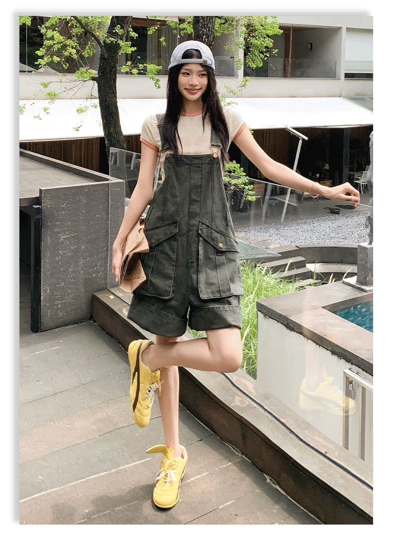 아메리칸 레트로 느긋한 바람 루즈핏 연령 감소 워크웨어 멜빵 데님 반바지 여성 상세 이미지 19