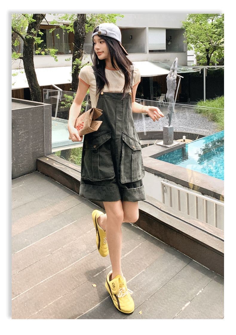 아메리칸 레트로 느긋한 바람 루즈핏 연령 감소 워크웨어 멜빵 데님 반바지 여성 상세 이미지 20