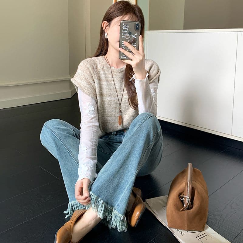 레트로 블루 술 거친 가장자리 나팔 청바지 여성 패치워크 이미지 3