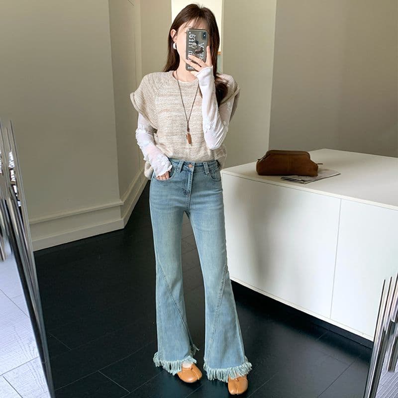 레트로 블루 술 거친 가장자리 나팔 청바지 여성 패치워크 이미지 2