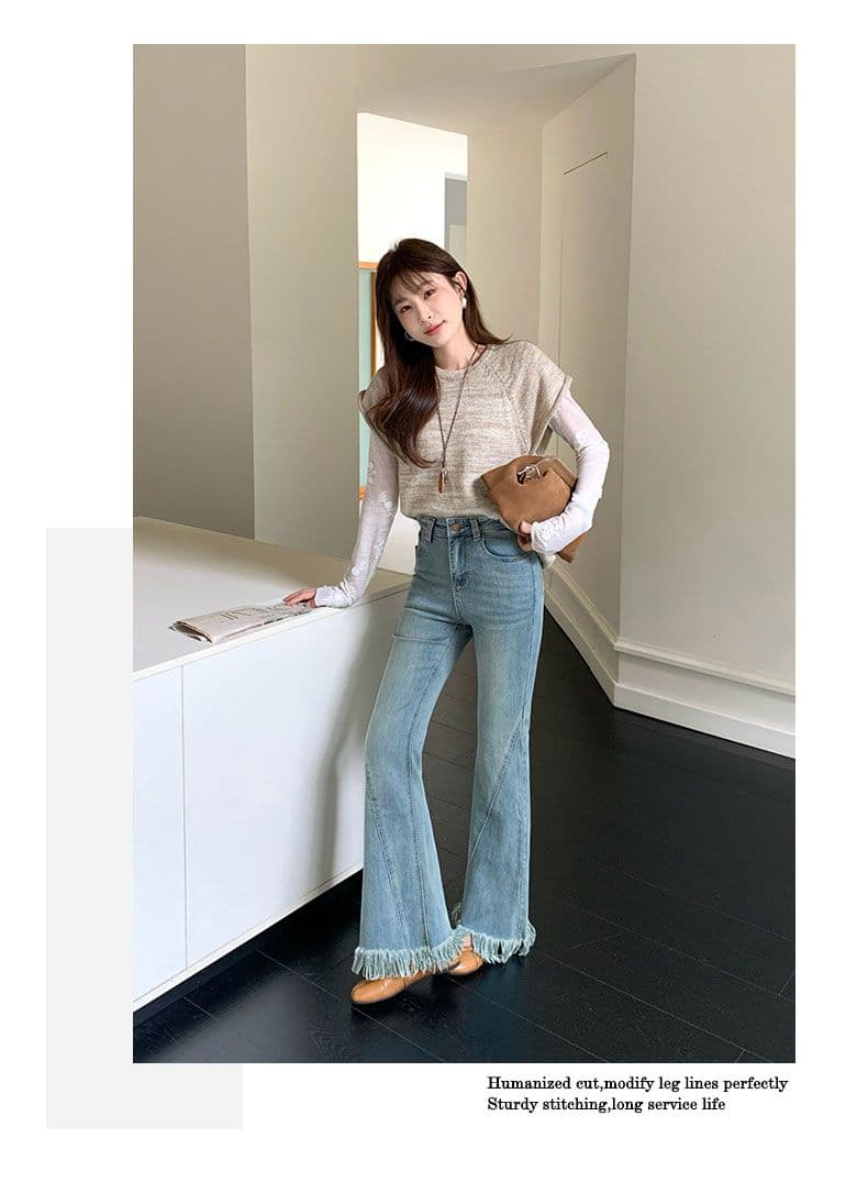 레트로 블루 술 거친 가장자리 나팔 청바지 여성 패치워크 상세 이미지 4