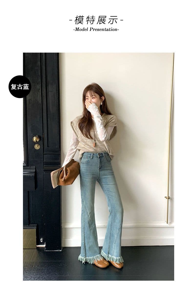 레트로 블루 술 거친 가장자리 나팔 청바지 여성 패치워크 상세 이미지 6