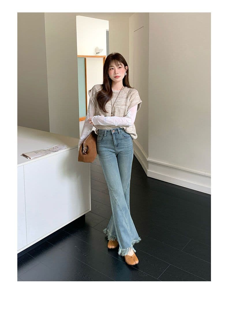 레트로 블루 술 거친 가장자리 나팔 청바지 여성 패치워크 상세 이미지 8