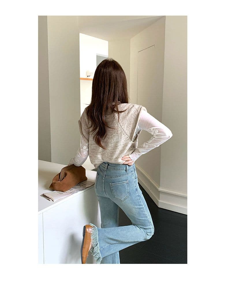 레트로 블루 술 거친 가장자리 나팔 청바지 여성 패치워크 상세 이미지 9
