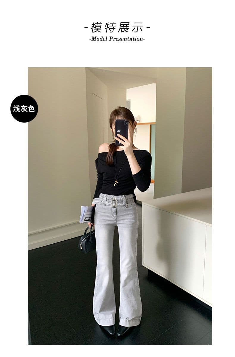 밝은 회색 색상 데님 부츠컷 바지 여성 특색있는 벨트 상세 이미지 6