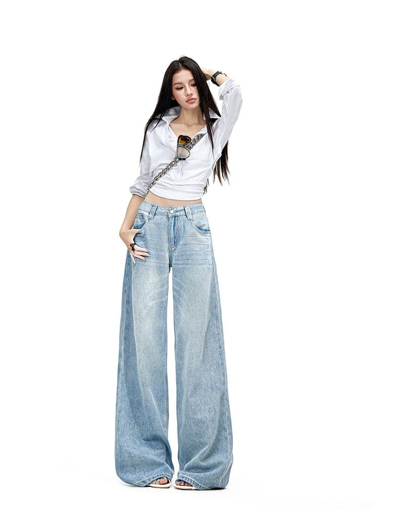 아메리칸 하늘색 마 오래된 고양이 반드시 압력 주름 청바지 여성 2026 년 여름 새로운 루즈핏 넓은 다리 슬림해 보이는 긴 바지 상세 이미지 10