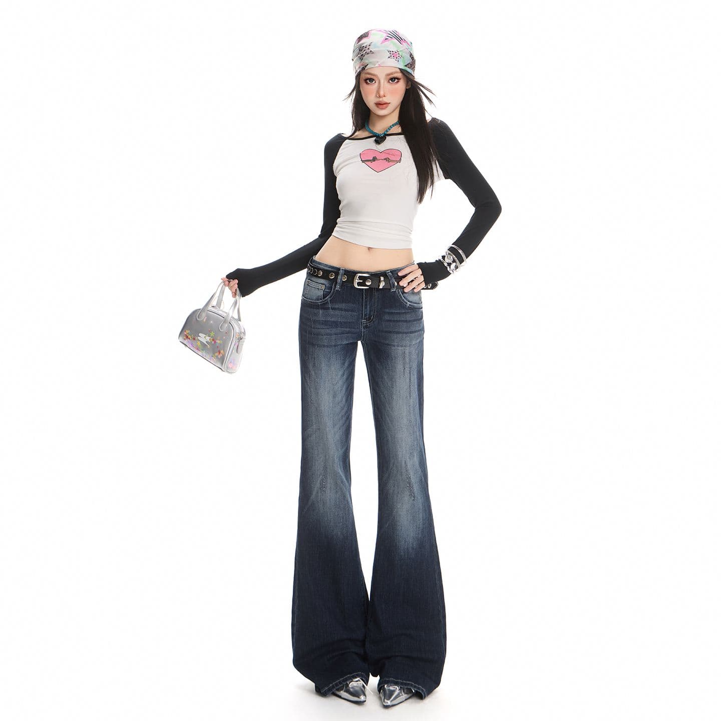 새로운 아메리칸 레트로 슬림해 보이는 하이웨이스트 바닥 청소 느긋한 워싱 마 오래된 부츠컷 여성 데님 긴 바지 이미지 2