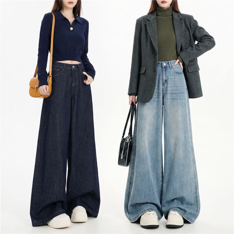가을 와이드 레그 팬츠 루즈핏 바지 국방 페이딩 데님 원색 편안함 청바지 사계절 섹션 디스플레이 농땡이 부리다 다용도 슬림해 보이는