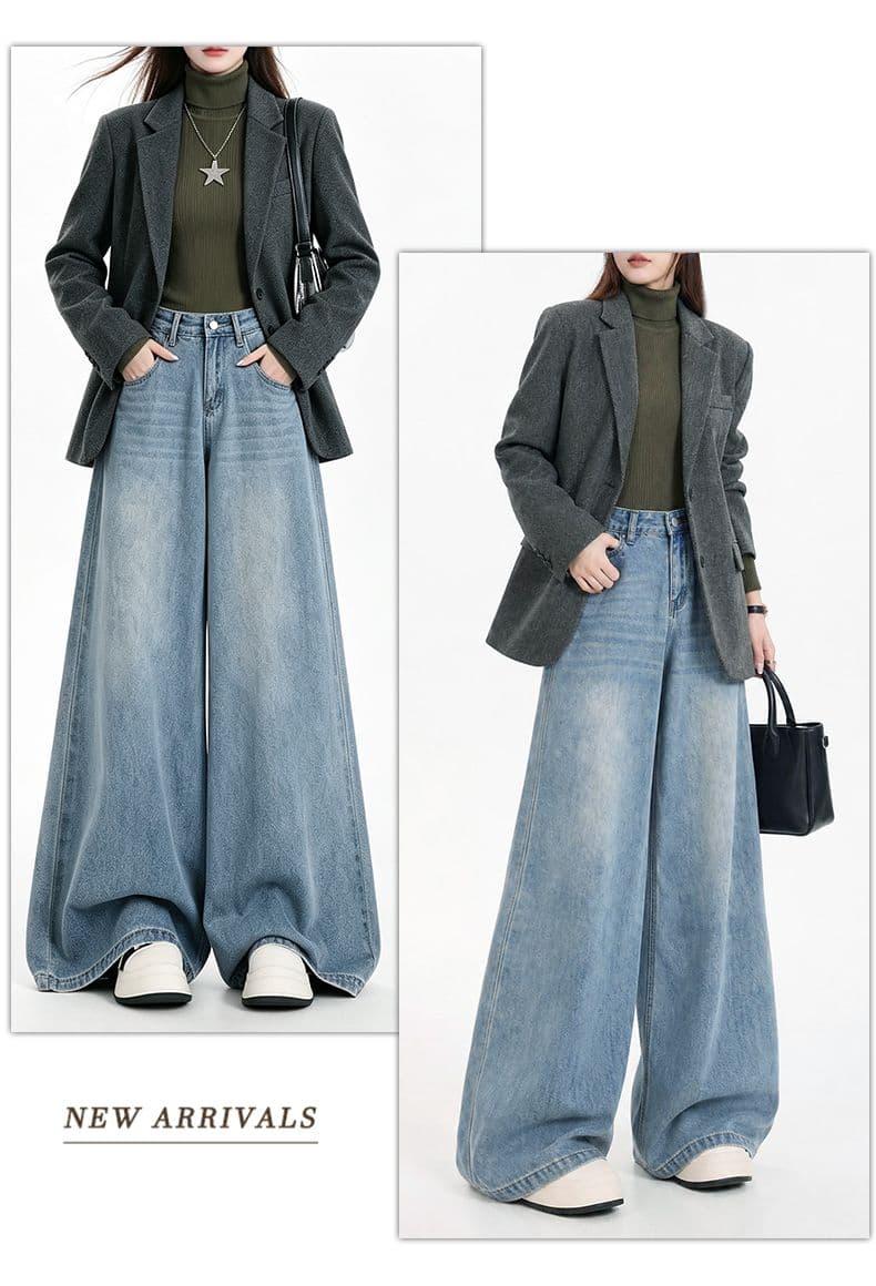 가을 와이드 레그 팬츠 루즈핏 바지 국방 페이딩 데님 원색 편안함 청바지 사계절 섹션 디스플레이 농땡이 부리다 다용도 슬림해 보이는 상세 이미지 11