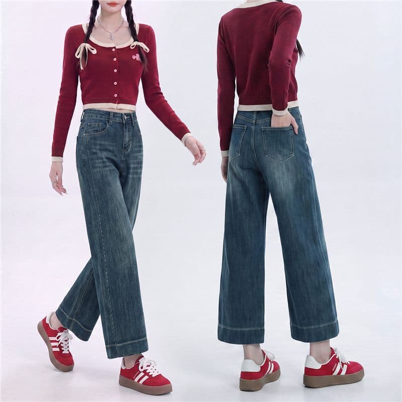 작은 키 신축성 스트레이트 청바지 봄 중간 허리 다용도 작은 키 여덟 9 포인트 담배 파이프 할머니 바지 슬림해 보이는