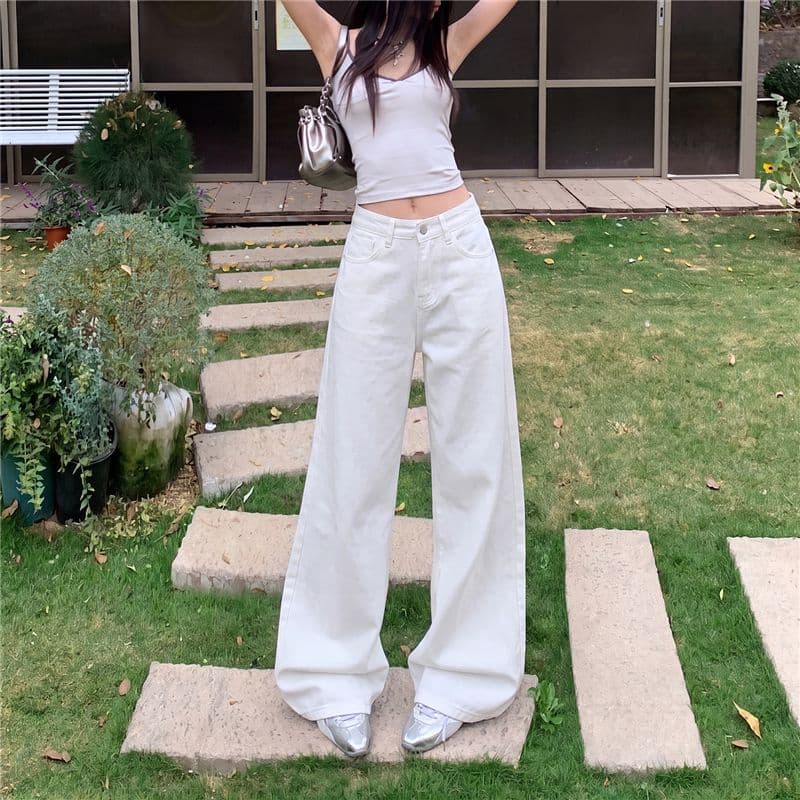 순면 화이트 와이드 레그 팬츠 없음 폭탄 루즈핏 캐주얼 편안함 스트레이트 슬림해 보이는 미니멀리즘 클래식 섹션 순수한 흰색 부드러운 데님 이미지 4