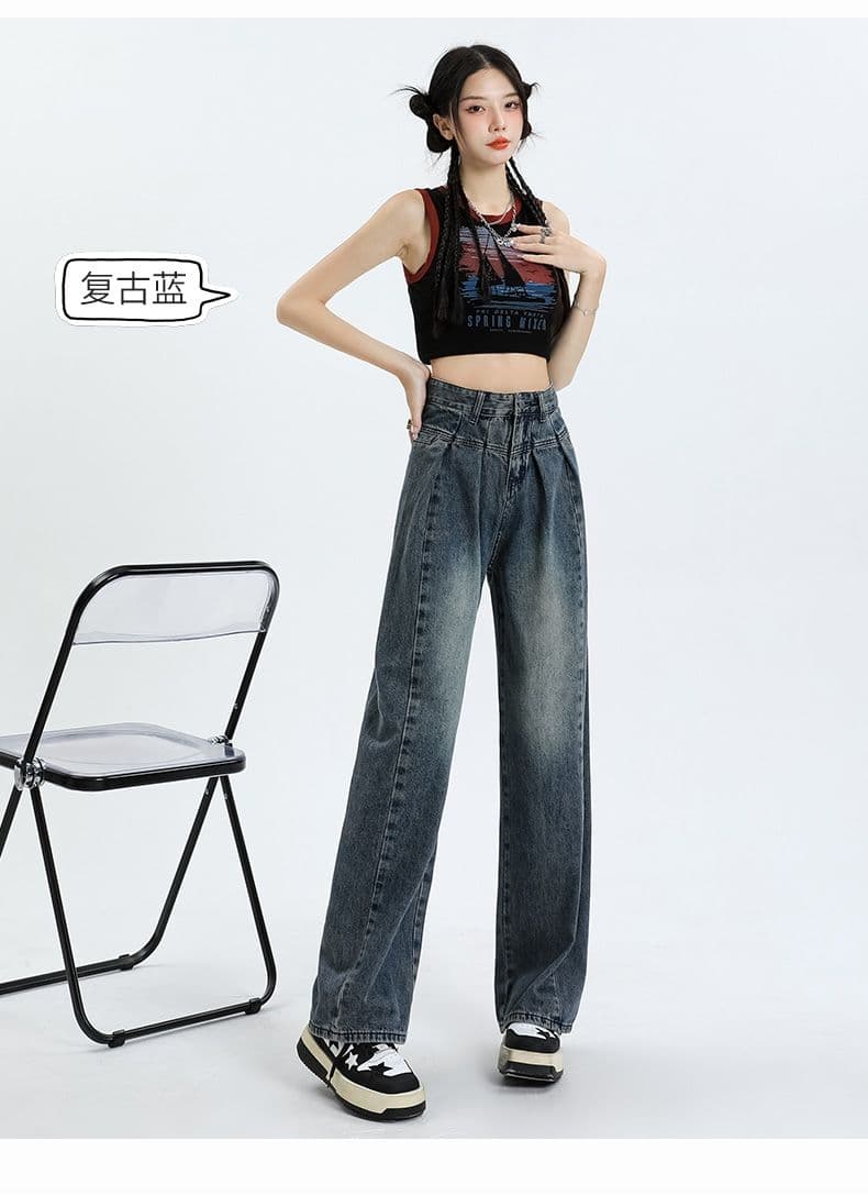 넓은 다리 청바지 여성 봄 여름 하이웨이스트 레트로 노스탤지어 디자인 센스 주름 핫걸 루즈핏 스트레이트 바닥 청소 롱 바지 상세 이미지 14