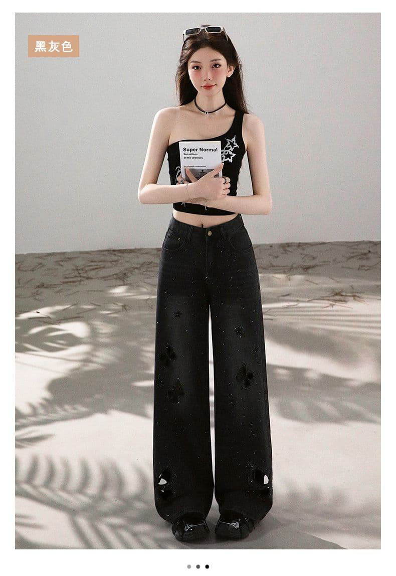 여름 신제품 홀로우 아웃 핫픽스 넓은 다리 청바지 2026 루즈핏 넓은 다리 아니요 막대기 다리 바닥 청소 바지 여성 상세 이미지 13