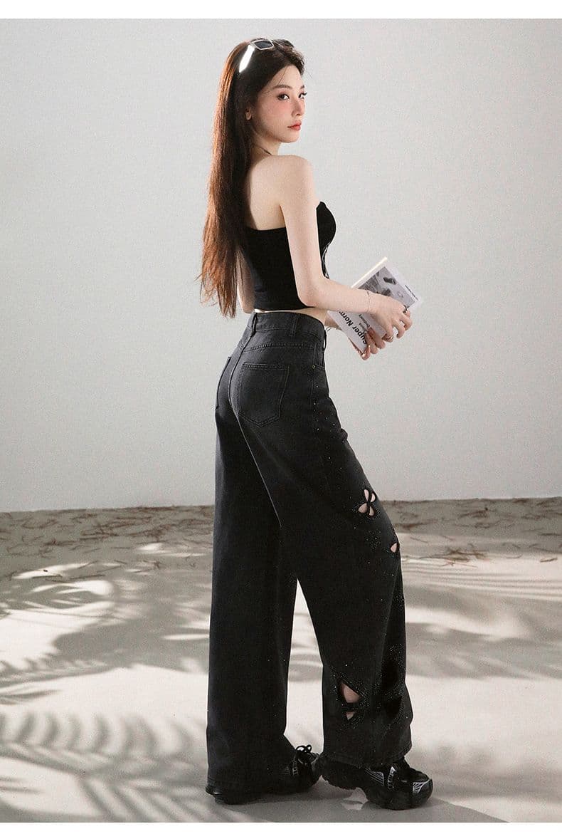 여름 신제품 홀로우 아웃 핫픽스 넓은 다리 청바지 2026 루즈핏 넓은 다리 아니요 막대기 다리 바닥 청소 바지 여성 상세 이미지 17